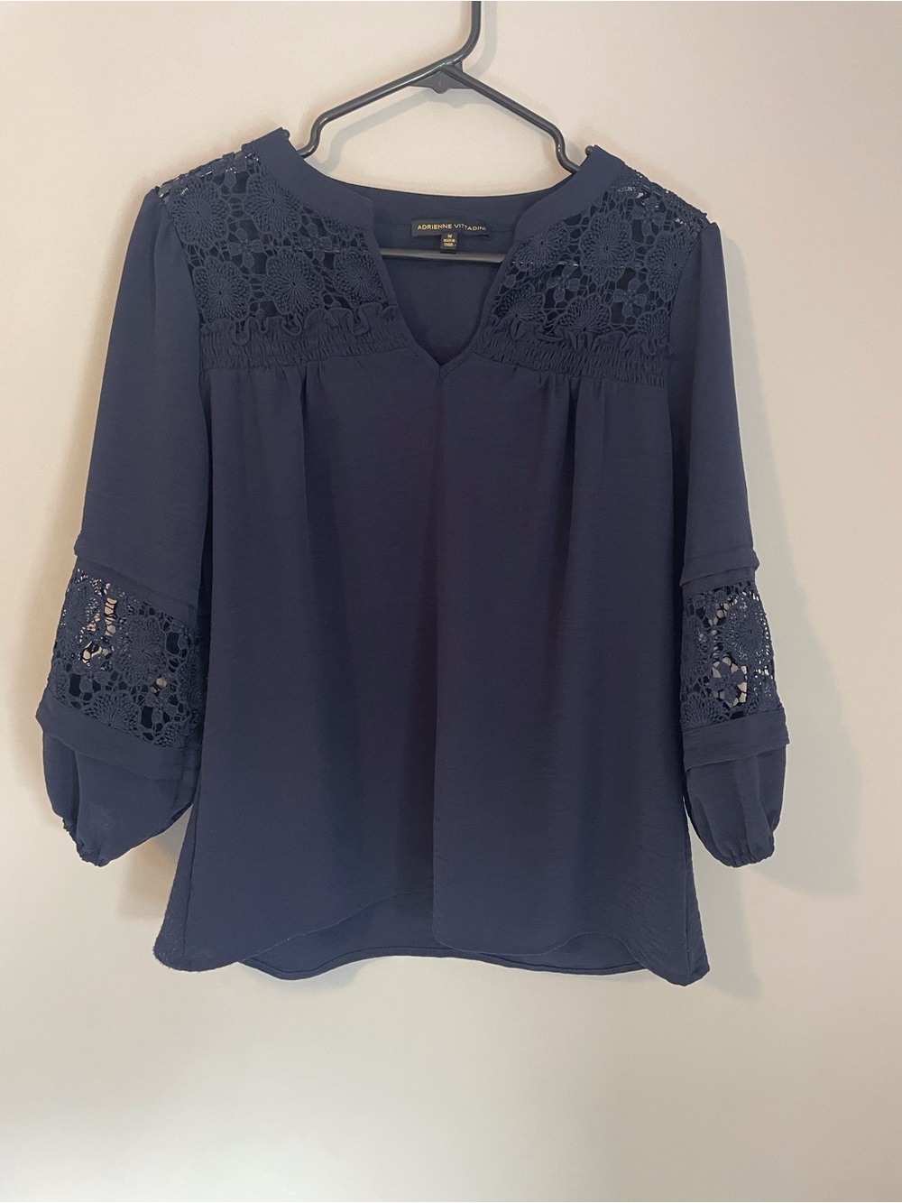 Adrienne Vittadini Navy Crochet Yoke & Sleeve Blouse (M)